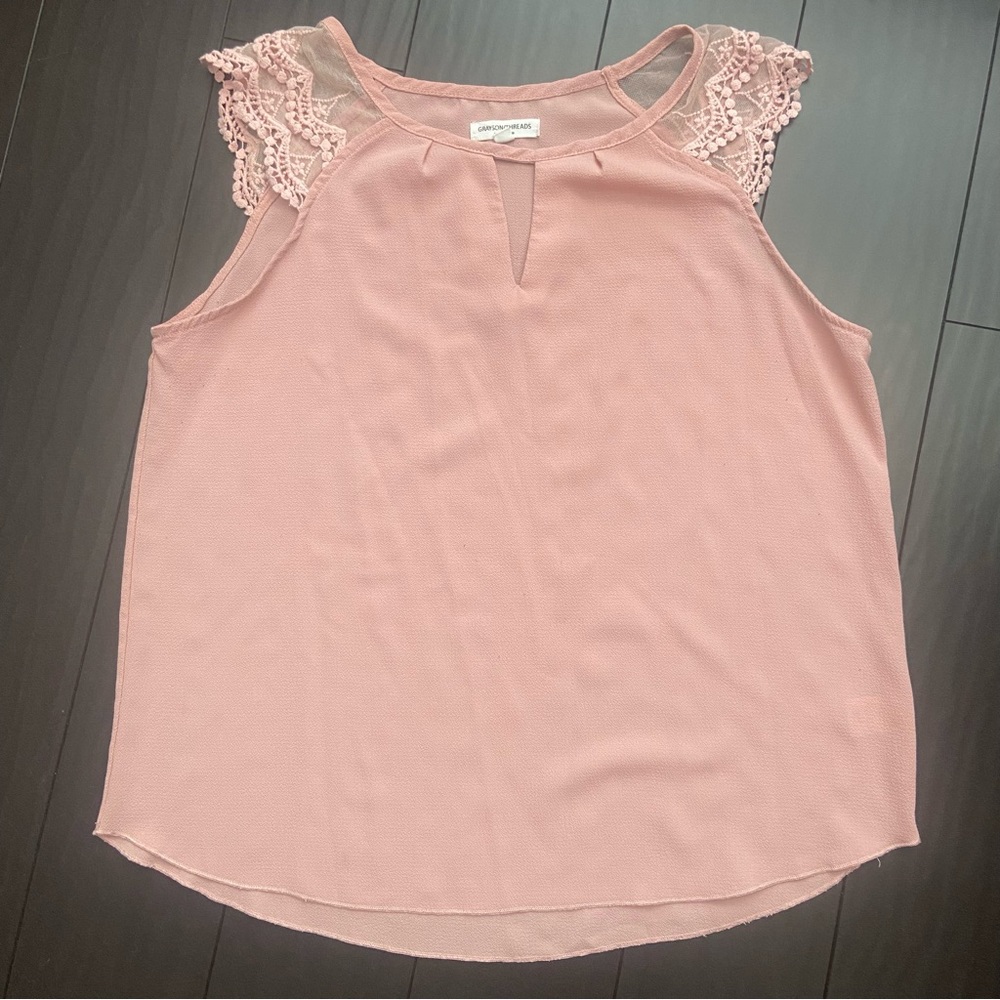 Grayson Threads pink lace cap sleeve blouse size large in GUC
